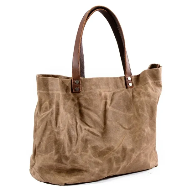 Waterproof Waxed Canvas & Cowhide Leather Tote Bag – Retro Large-Capacity Shoulder Bag